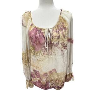 Allen Schwartz Women’s Blouse M Sheer Cream Purple Floral Fairy Peasant Prairie